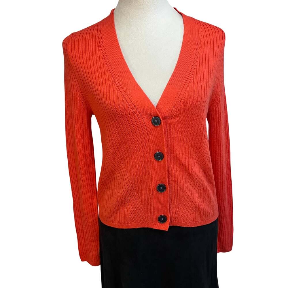Boden Orange Red Ribbed Merino Wool V-Neck Cardigan Sweater Med